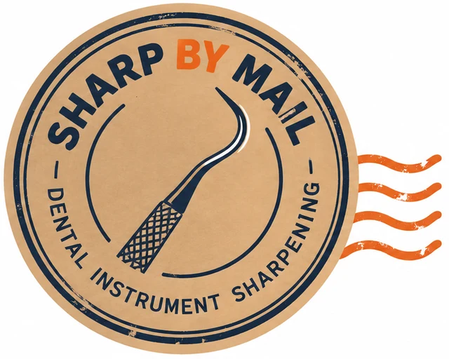 SharpByMail logo: a round kraft postmark stamp with a curette in the center, the words Sharp By Mail, Dental Instrument Sharpening, and orange wavy lines